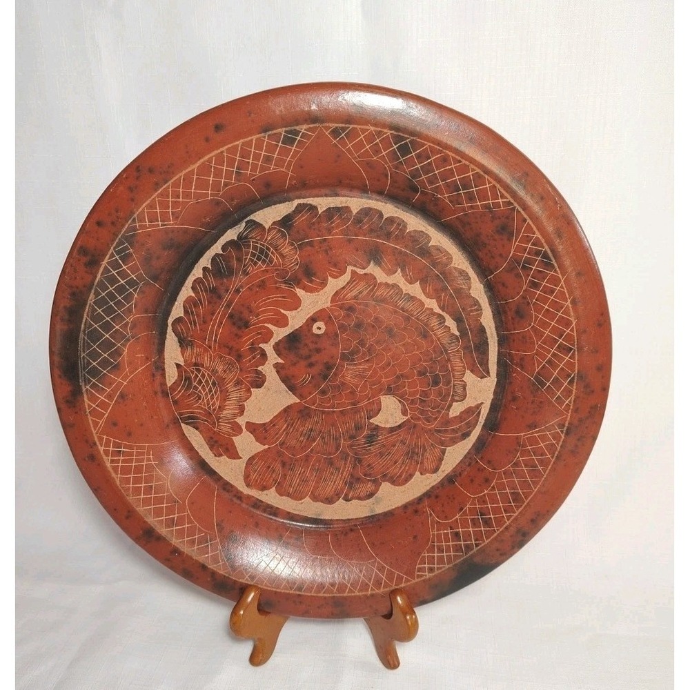INDONESIAN SASAK LOMBOK POTTERY HAND MADE RED CLAY CHARGER BOWL 12" GOLDFISH